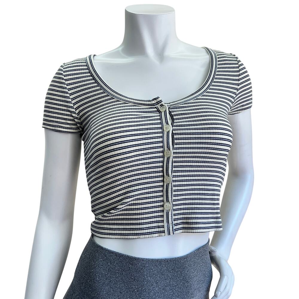 Urban Outfitters Womens Short Sleeve Ribbed Striped Button Down Crop Top Size S